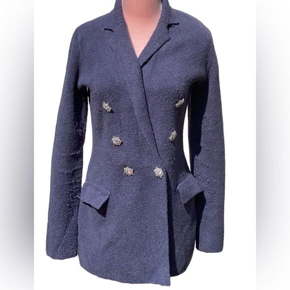 EXPRESS WOMENS SWEATER BLAZER DOUBLE BREASTED RHINESTONE EMBELLISHED BLUE SMALL - Picture 4 of 10